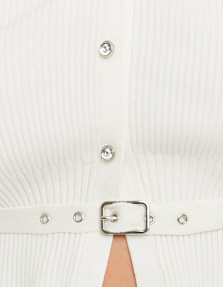 Ladies White Knitted Cardigan-Close Up View