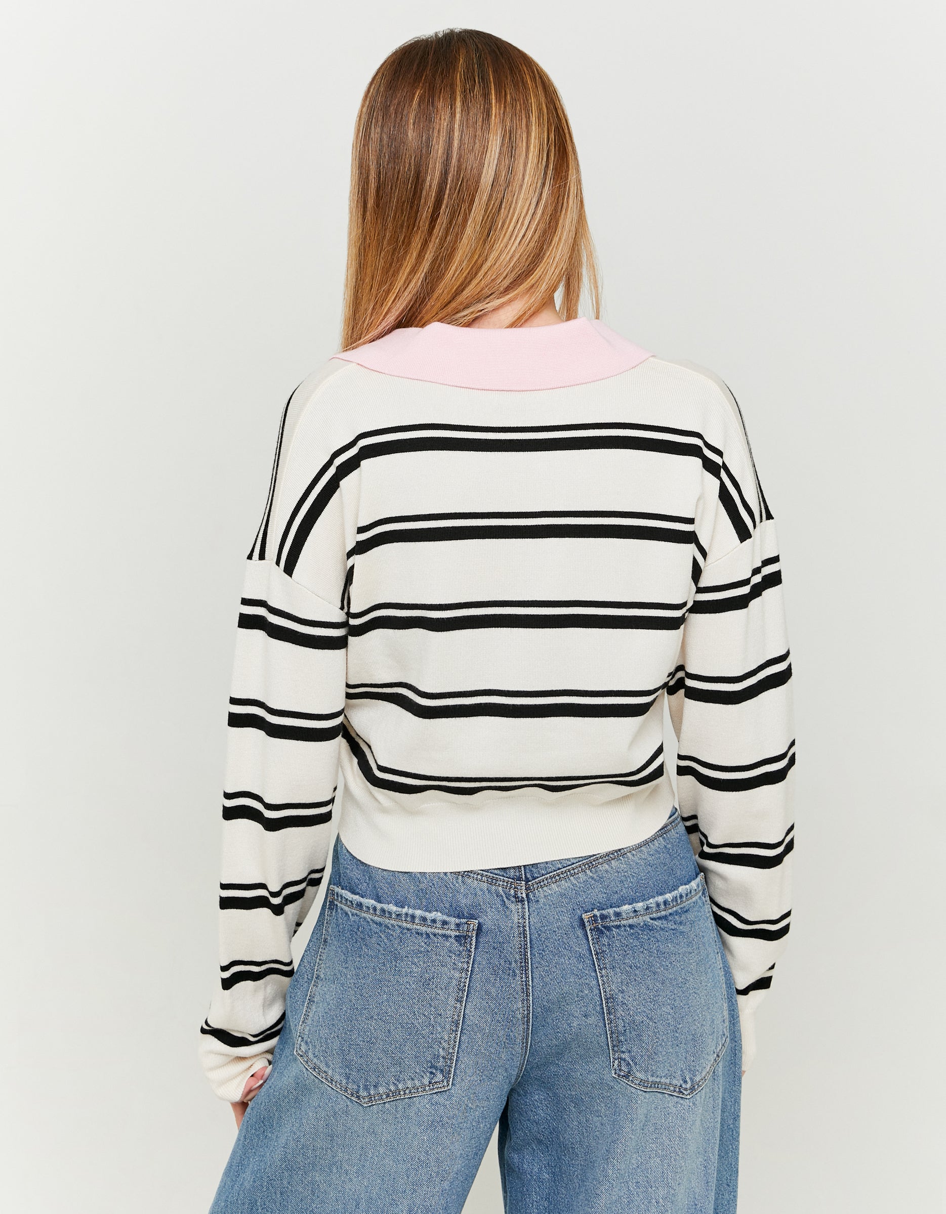 Ladies Striped Cropped Tops With Polo Neck-Cream/Black/Pink-Model Back View