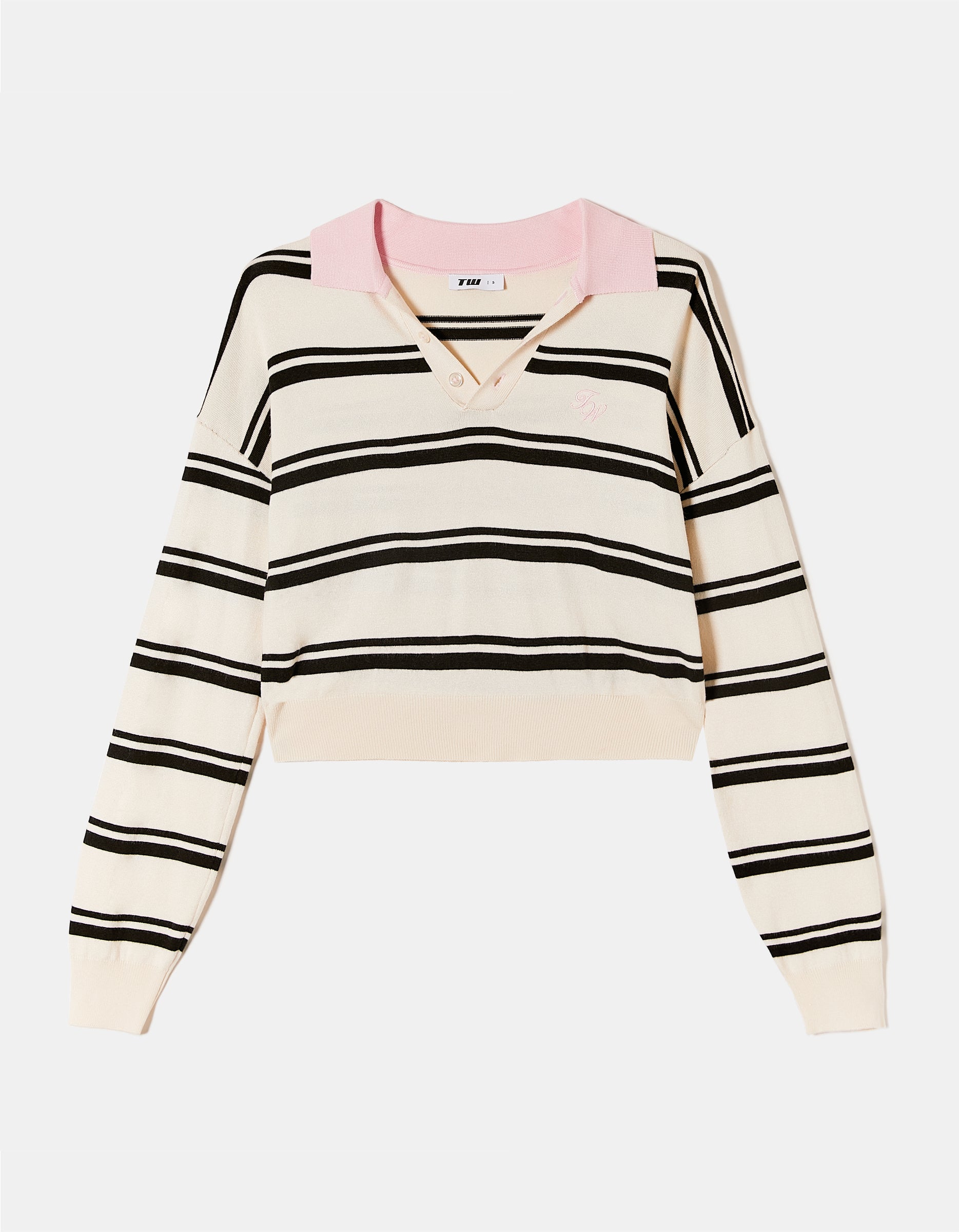 Ladies Striped Cropped Tops With Polo Neck-Cream/Black/Pink-Ghost Front View