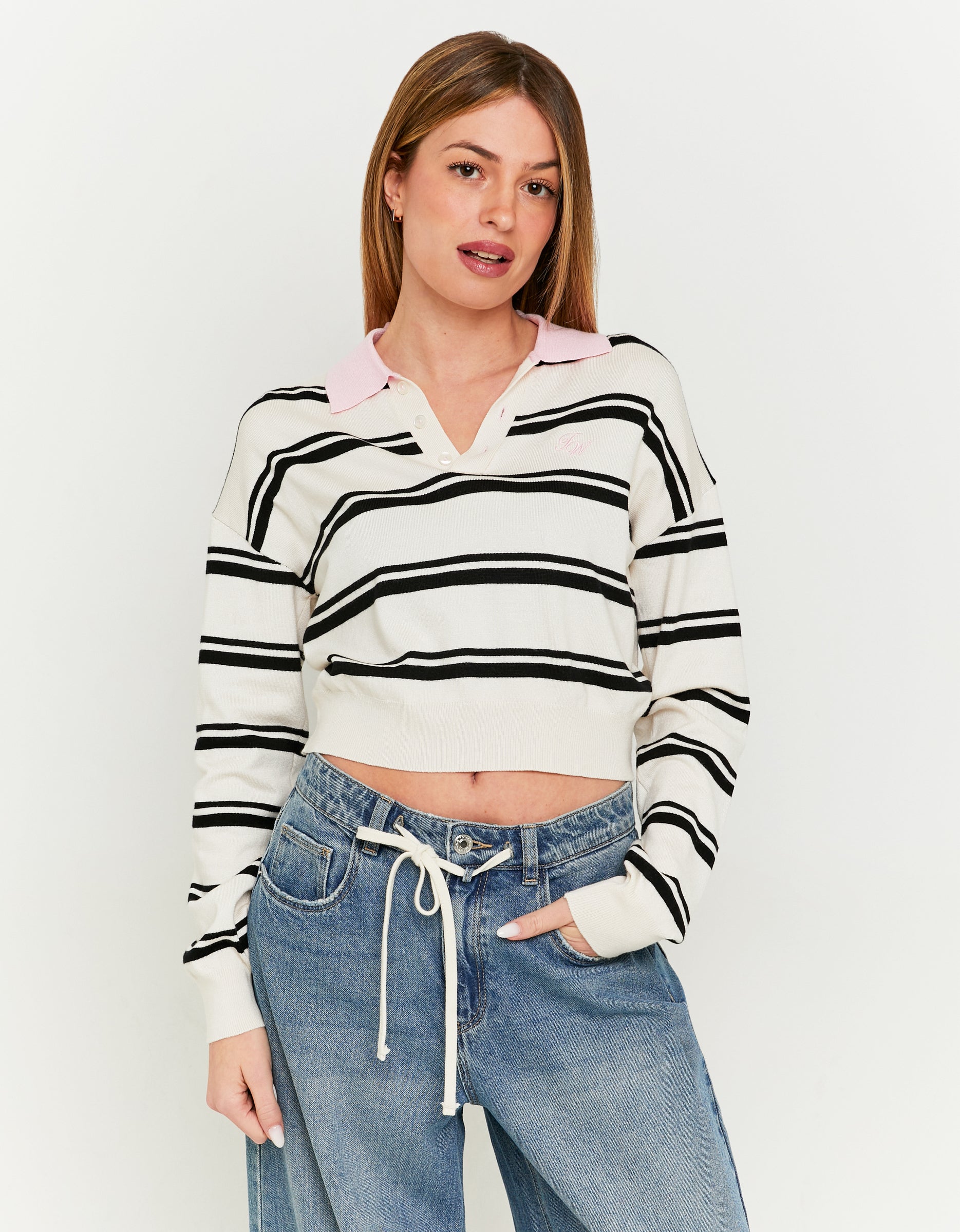 Ladies Striped Cropped Tops With Polo Neck-Cream/Black/Pink-Model Front View