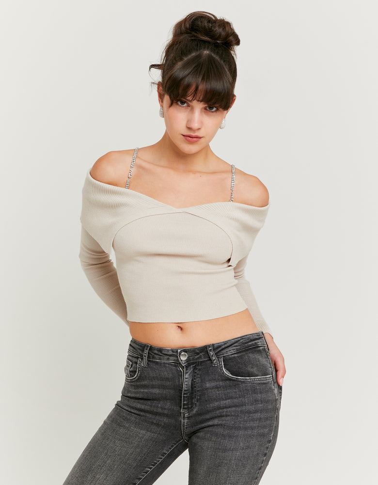 Ladies Beige Knitted Jumper With Strass-Model Front View