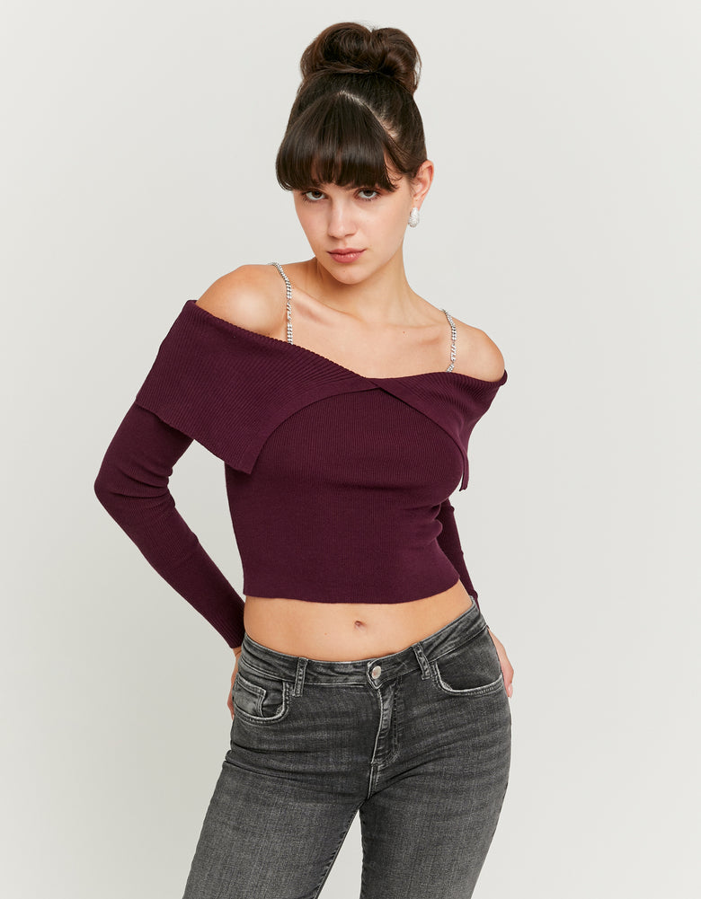 Ladies Burgundy Knitted Top With Strass-Model Front View