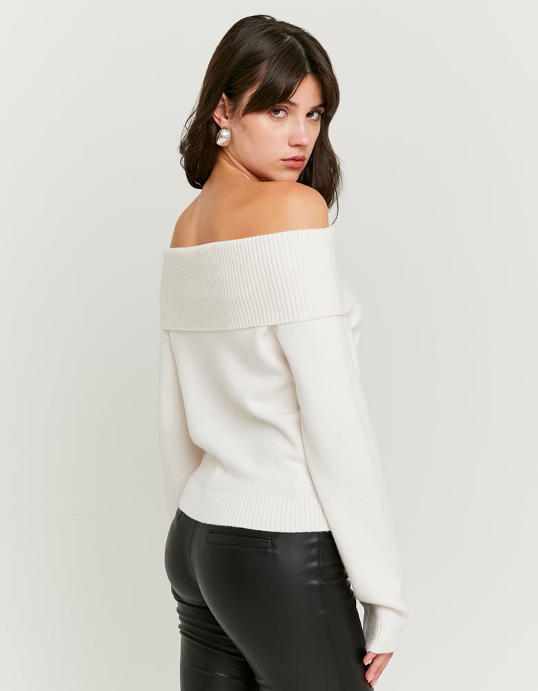 Ladies White Off-Shoulder Sweater-Model Back View