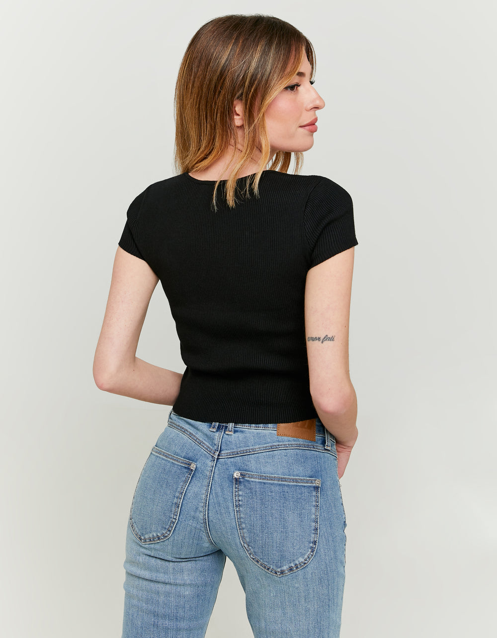 Ladies Black Short Sleeve Knitted Top-Model Back View