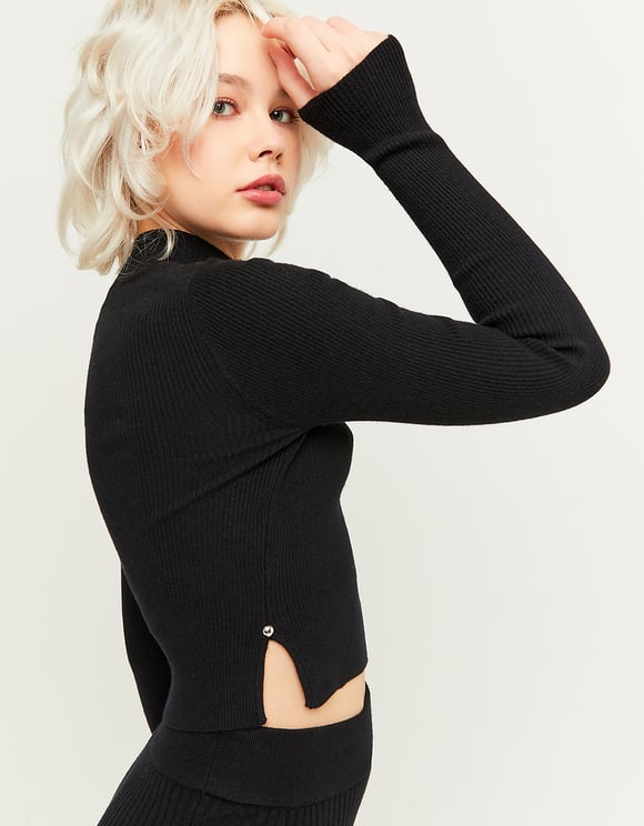 Ladies Black Ribbed Fitted Sweater-Side View