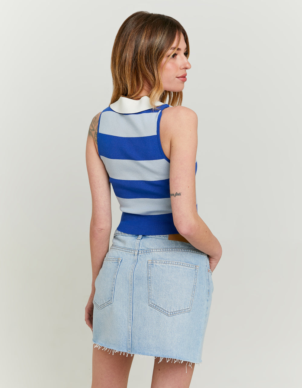 Ladies Striped Knitted Polo Top-Model Back View