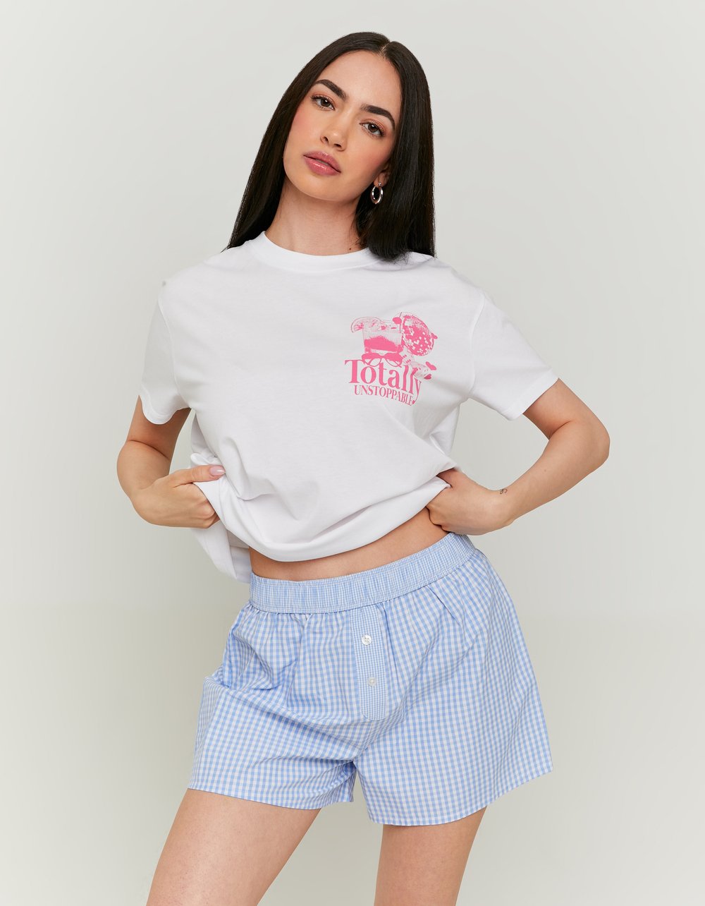 Ladies Vichy Blue/White Print Woven Shorts-Model Full Front View