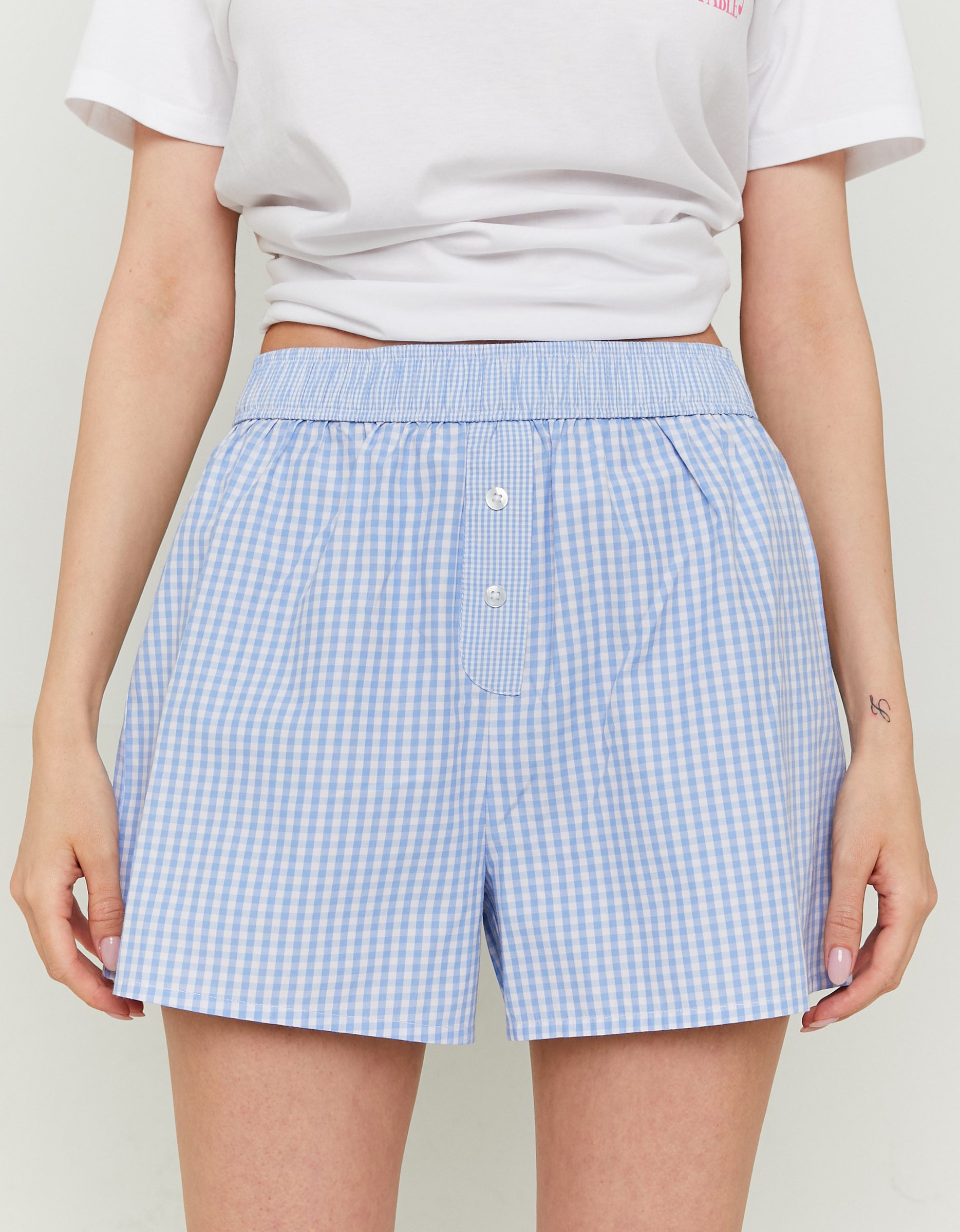 Ladies Vichy Blue/White Print Woven Shorts-Model Front View