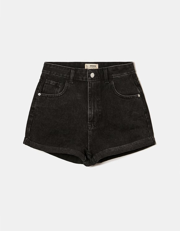 Ladies High Waist Black High Waist Mom Denim Shorts-Ghost Front View
