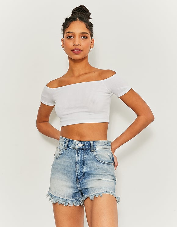 Tally Weijl High Waist Ripped Denim Mom Shorts BLUE model front view