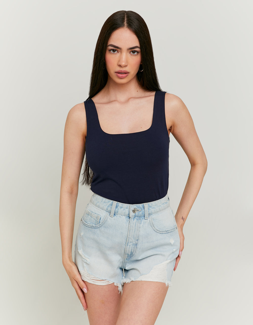 Ladies High Waist Blue Mom Jeans-Model Front View