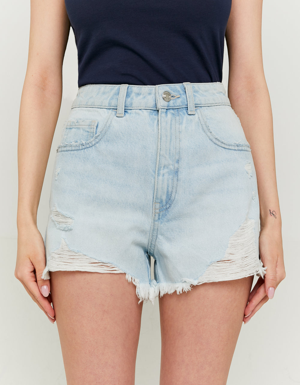 Ladies High Waist Blue Mom Jeans-Closer View of the Front.