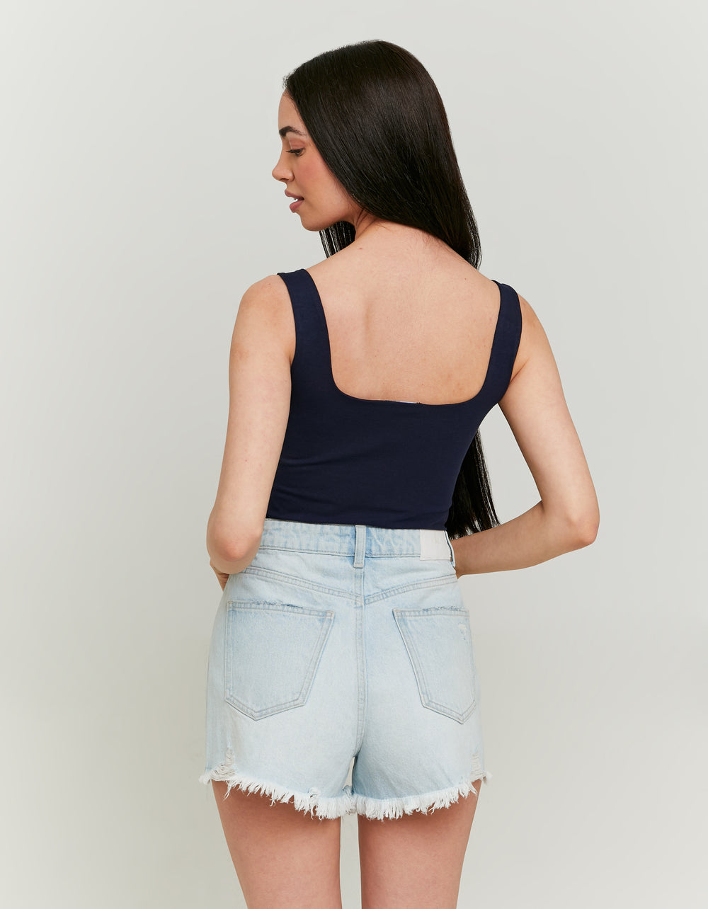 Ladies High Waist Blue Mom Jeans-Model Back View