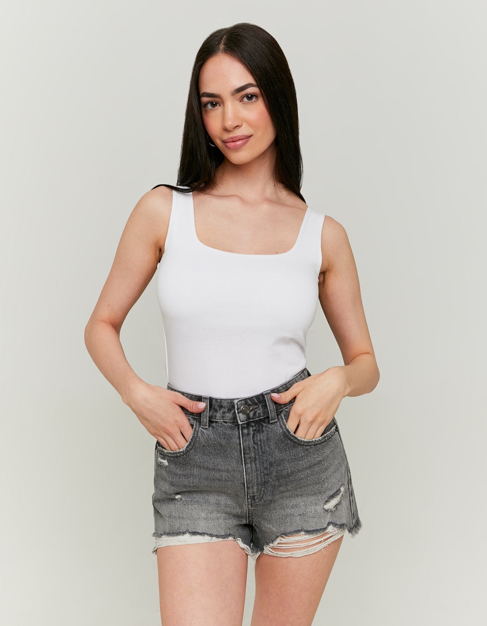 Ladies High Waist Grey Mom Shorts-Model Front View 2