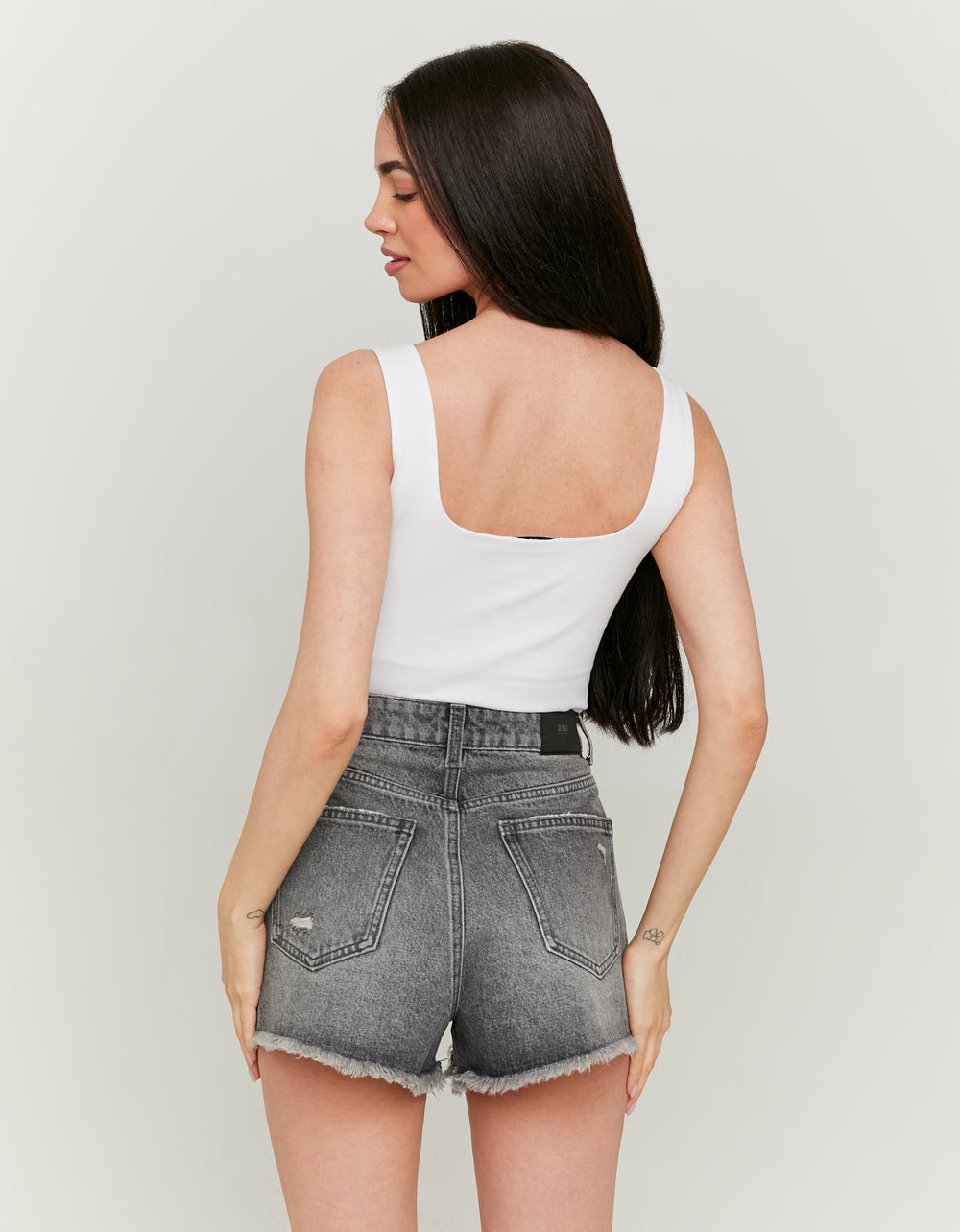 Ladies High Waist Grey Mom Shorts-Model Back View