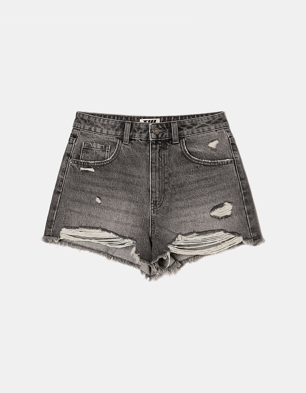 Ladies High Waist Grey Mom Shorts-Ghost Front View