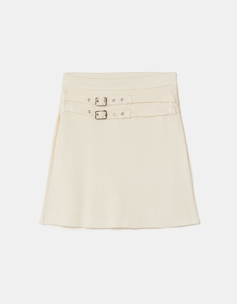 Ladies White Knitted Skort With Double Belt-Ghost Front View