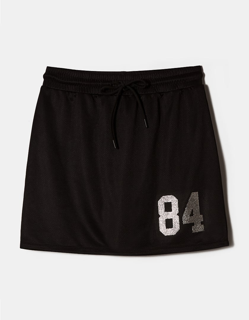 Ladies Black Varsity Mini Skirt-Front View