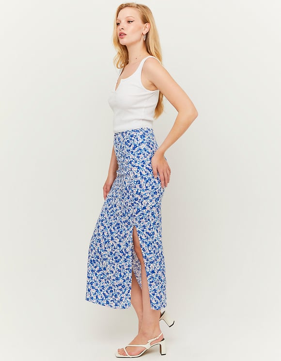 Ladies Light Blue Floral Midi Skirt With Slit-Side View