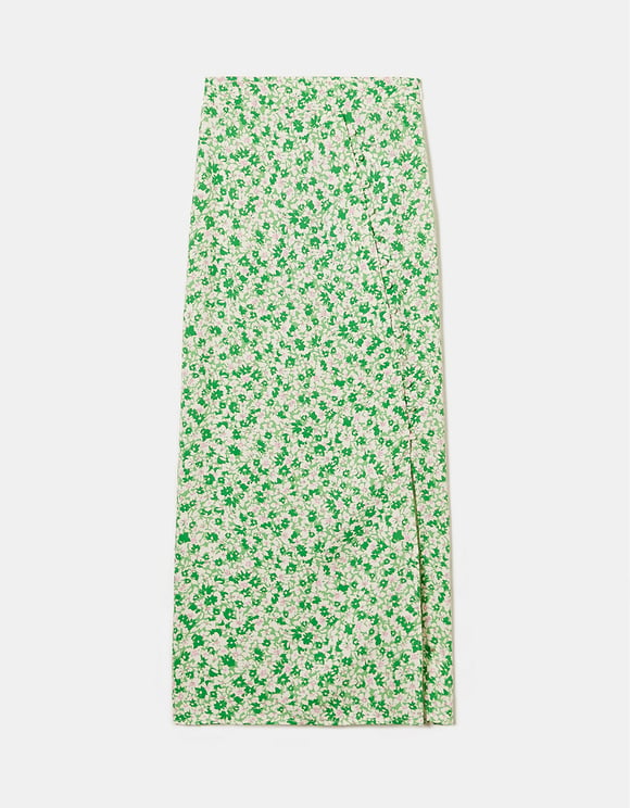 Ladies Light Green Floral Midi Skirt With Slit-Front View
