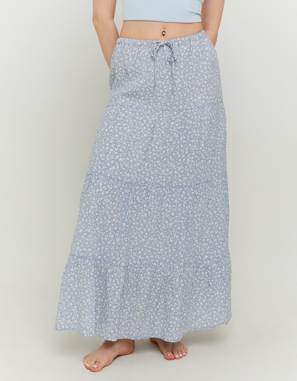 Ladies Long Blue & White Floral Shirt-Model Front View