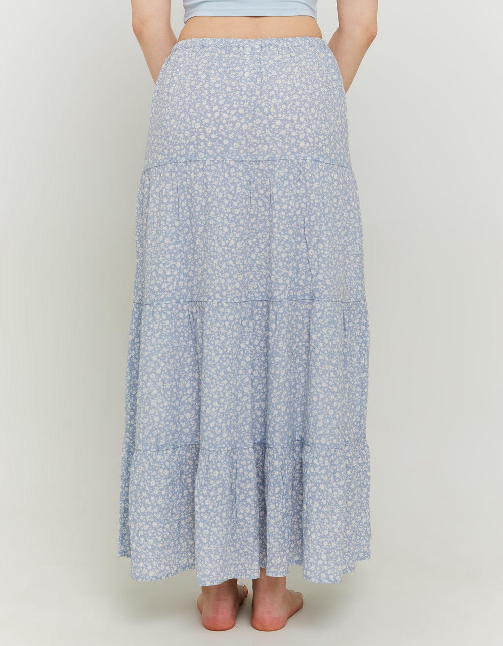 Ladies Long Blue & White Floral Shirt-Model Back View