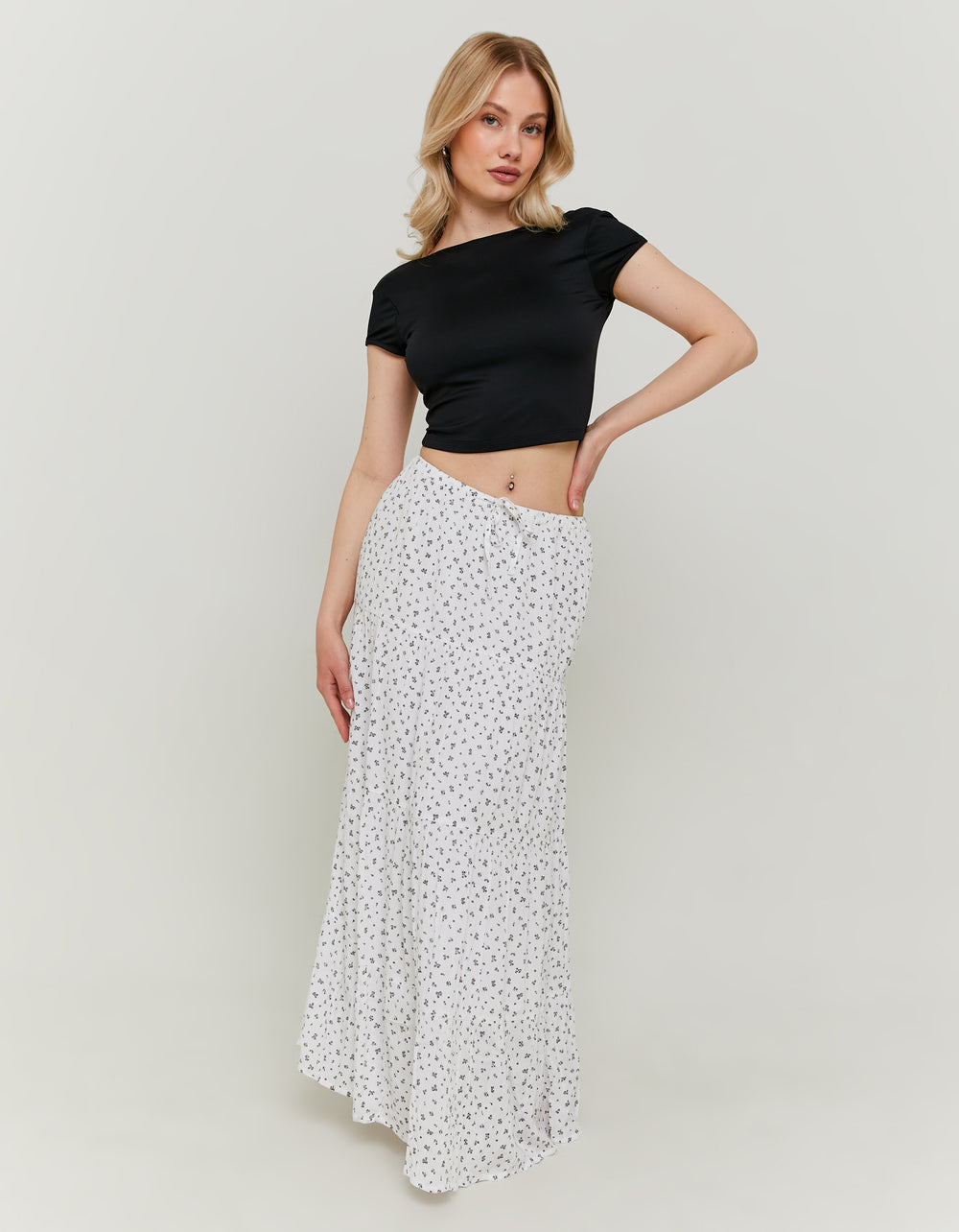 Full front view of black and white floral skirt
