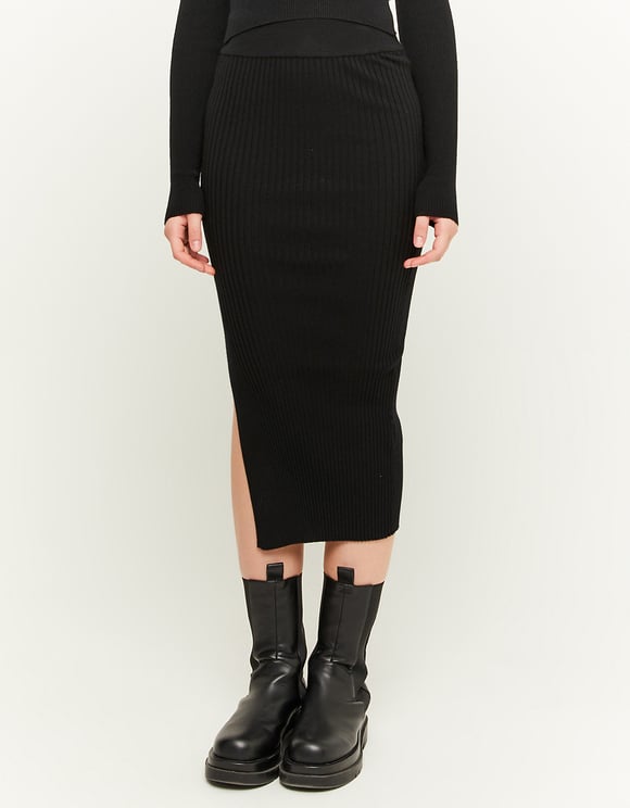 Ladies Black Ribbed Skirt With Slit-Model Front View