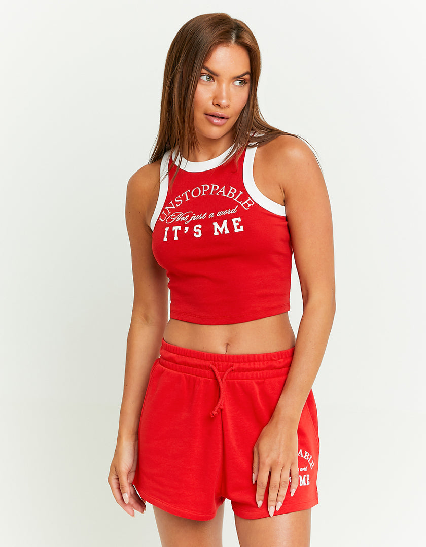 Ladies Red Printed Unstoppable Tank Top-Model Full Front View