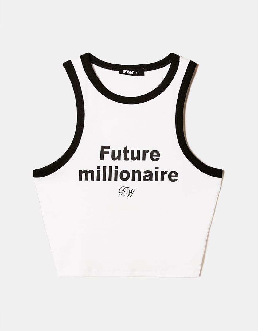 Ladies White Future Millionaire Printed Tank Top-Front View