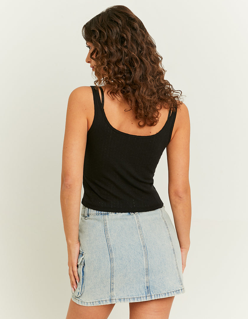 Ladies Black Basic Tank Top With Lace Insert-Model Back View