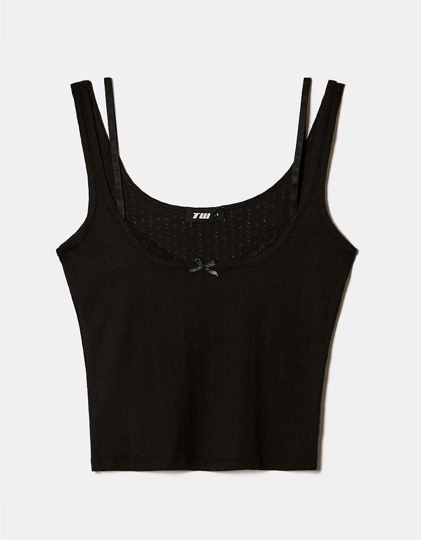 Ladies Black Basic Tank Top With Lace Insert-Front View