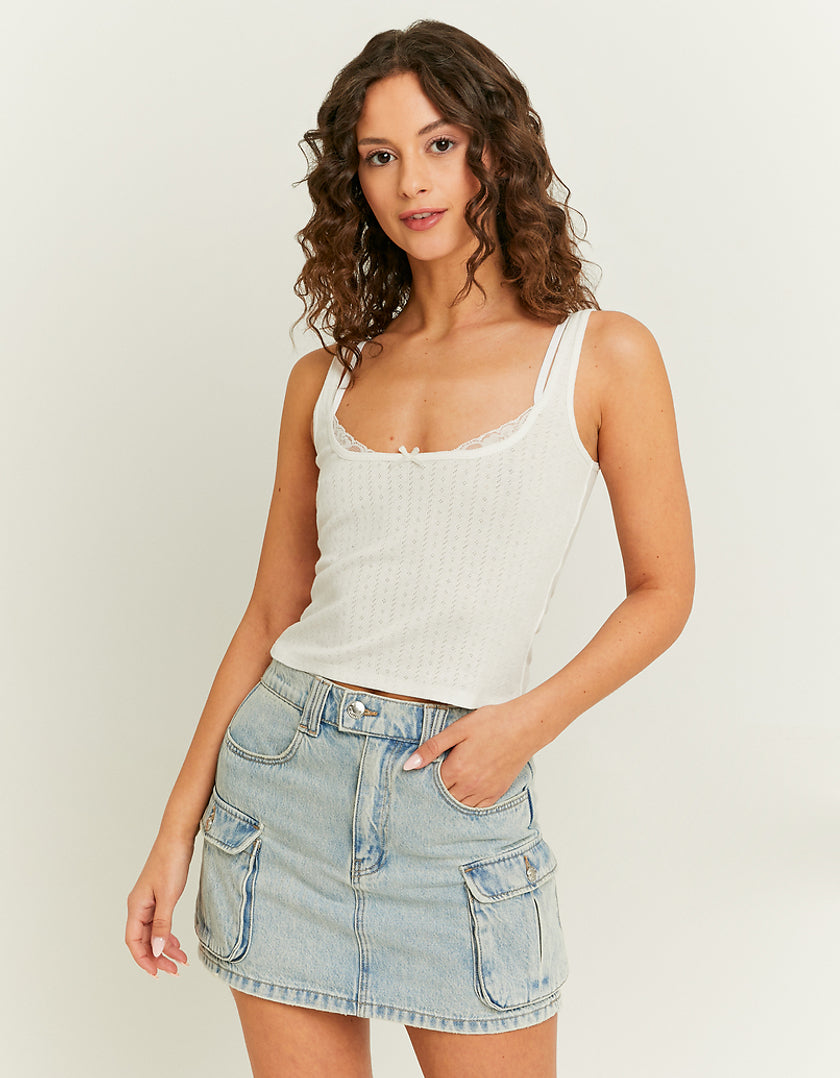 White Basic Tank Top With Lace Insert