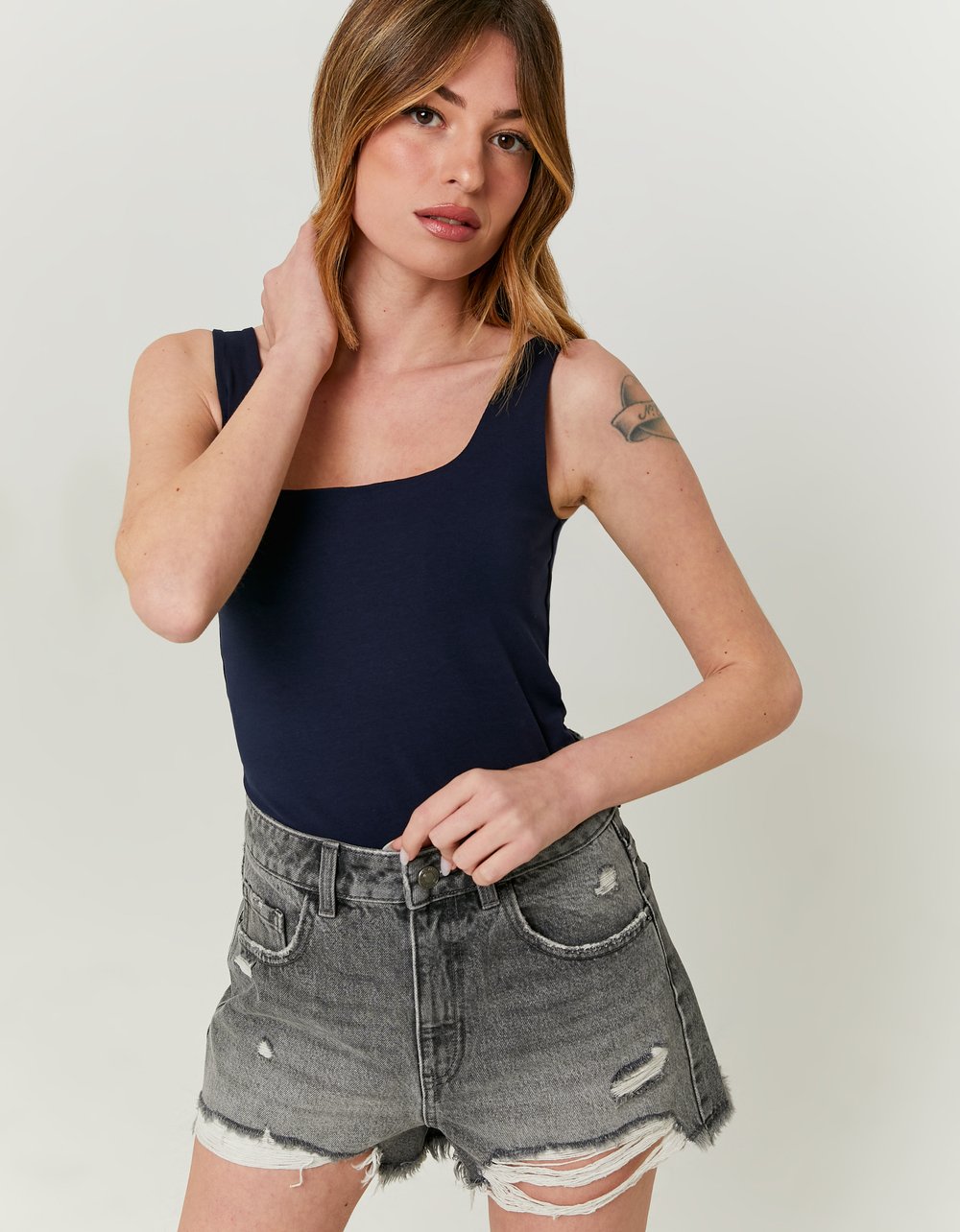 Ladies Dark Blue Basic Tank Top-Model Front View