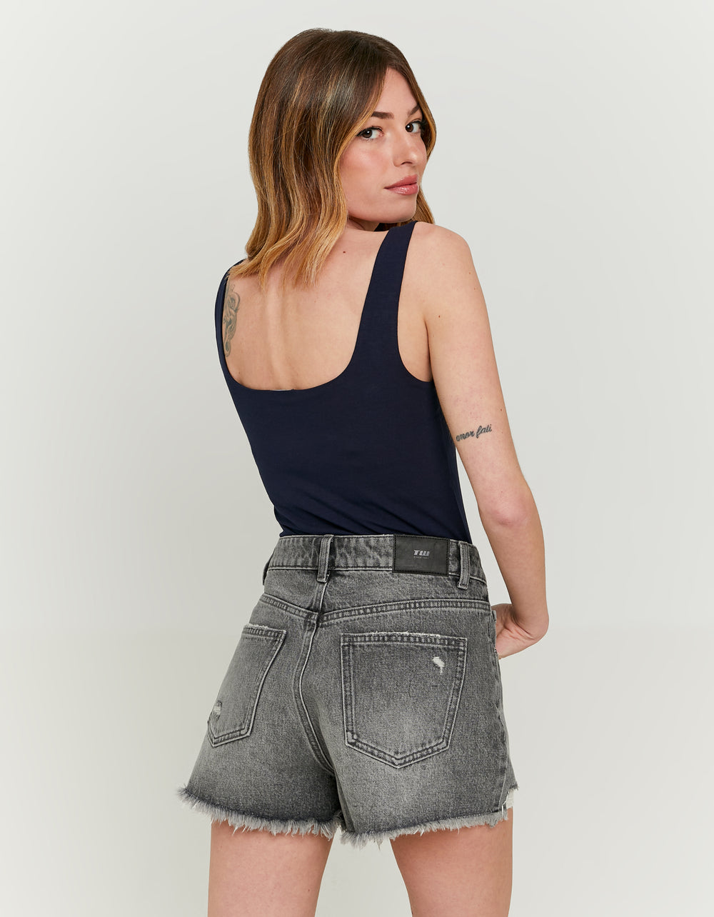 Ladies Dark Blue Basic Tank Top-Model Back View