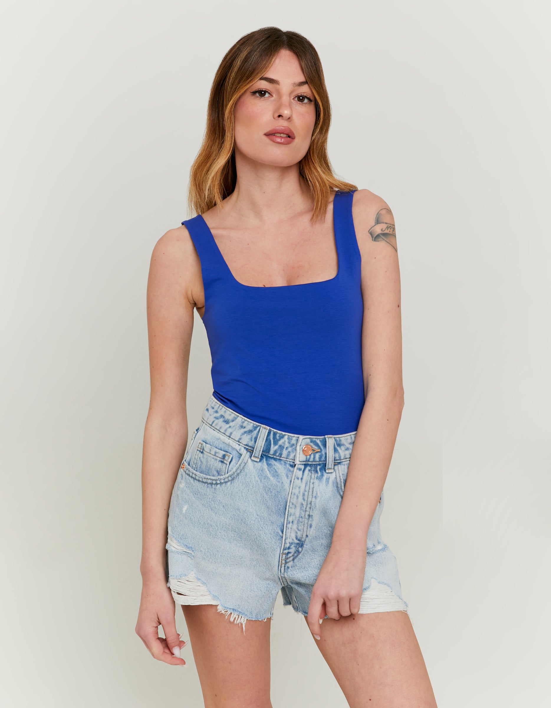 Ladies Blue Basic Tank Top-Model Front View