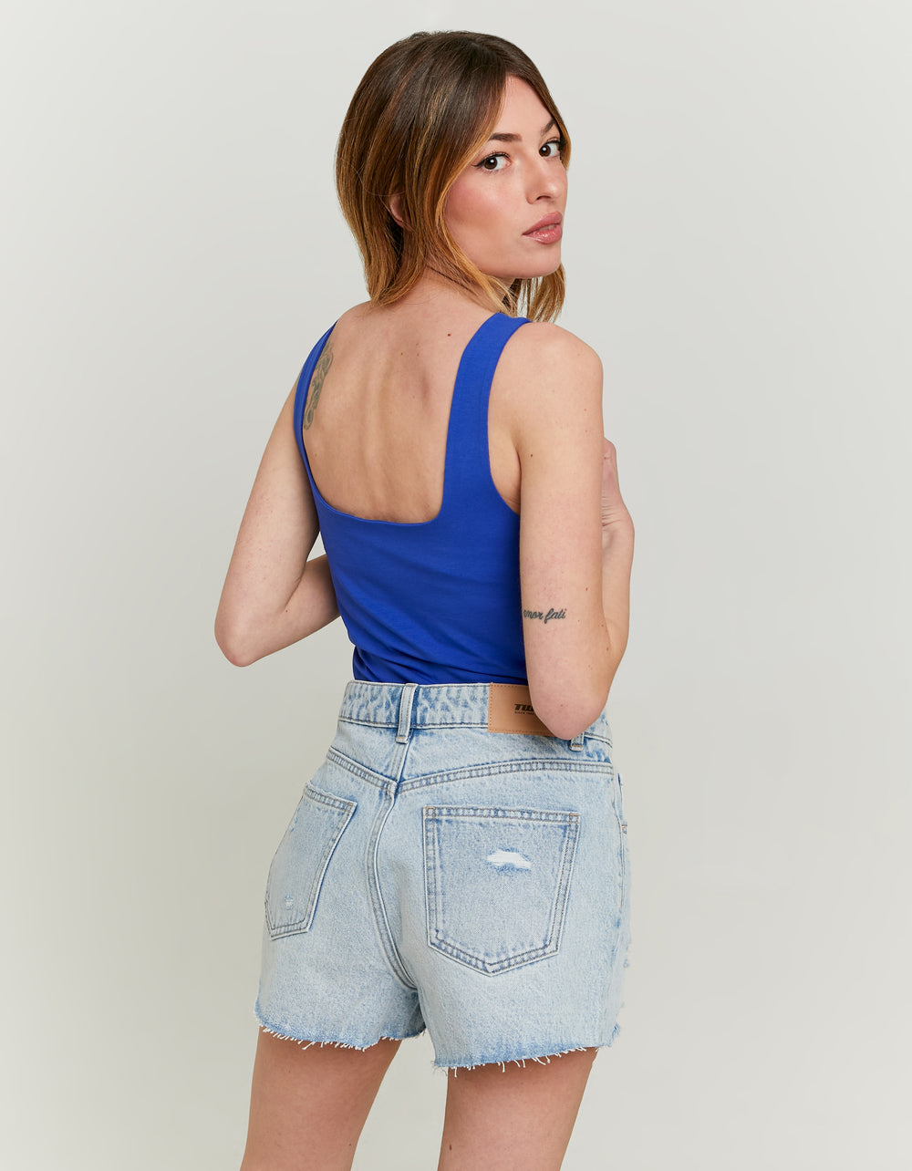 Ladies Blue Basic Tank Top-Model Back View