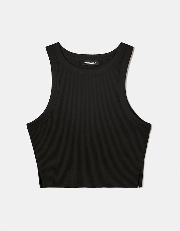 Ladies Black Ribbed Basic Crop Top-Front View