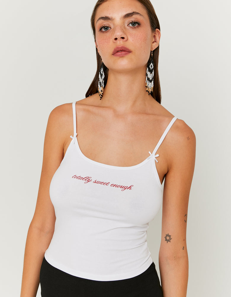 Ladies White Strappy Top With Totally Sweet Enough Print-Closer View of the Front