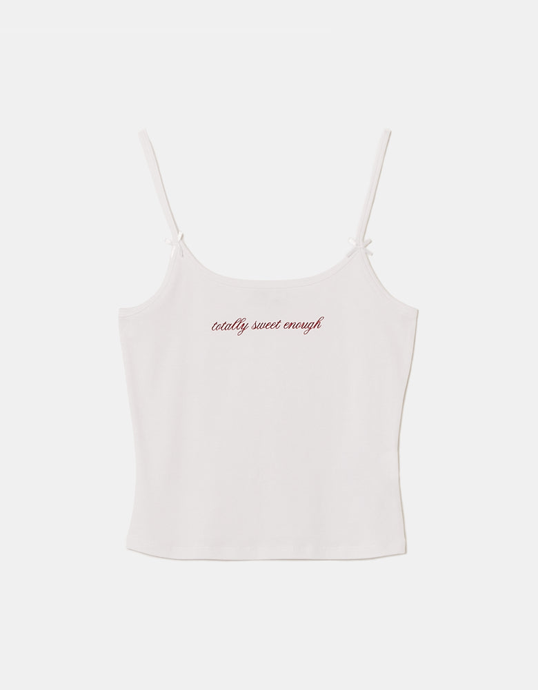 Ladies White Strappy Top With Totally Sweet Enough Print-Ghost Front View