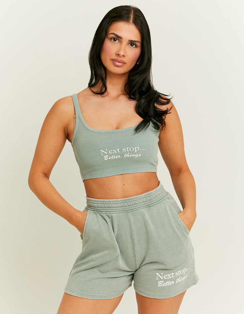 Tally Weijl Green Cropped Next Stop Printed Tank Top Green front view