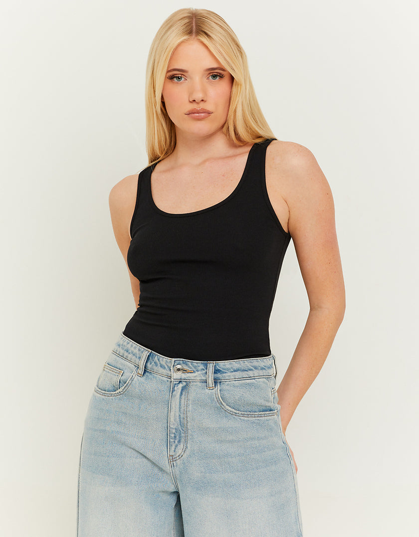 Ladies Basic Black Tank Top-Model Front View