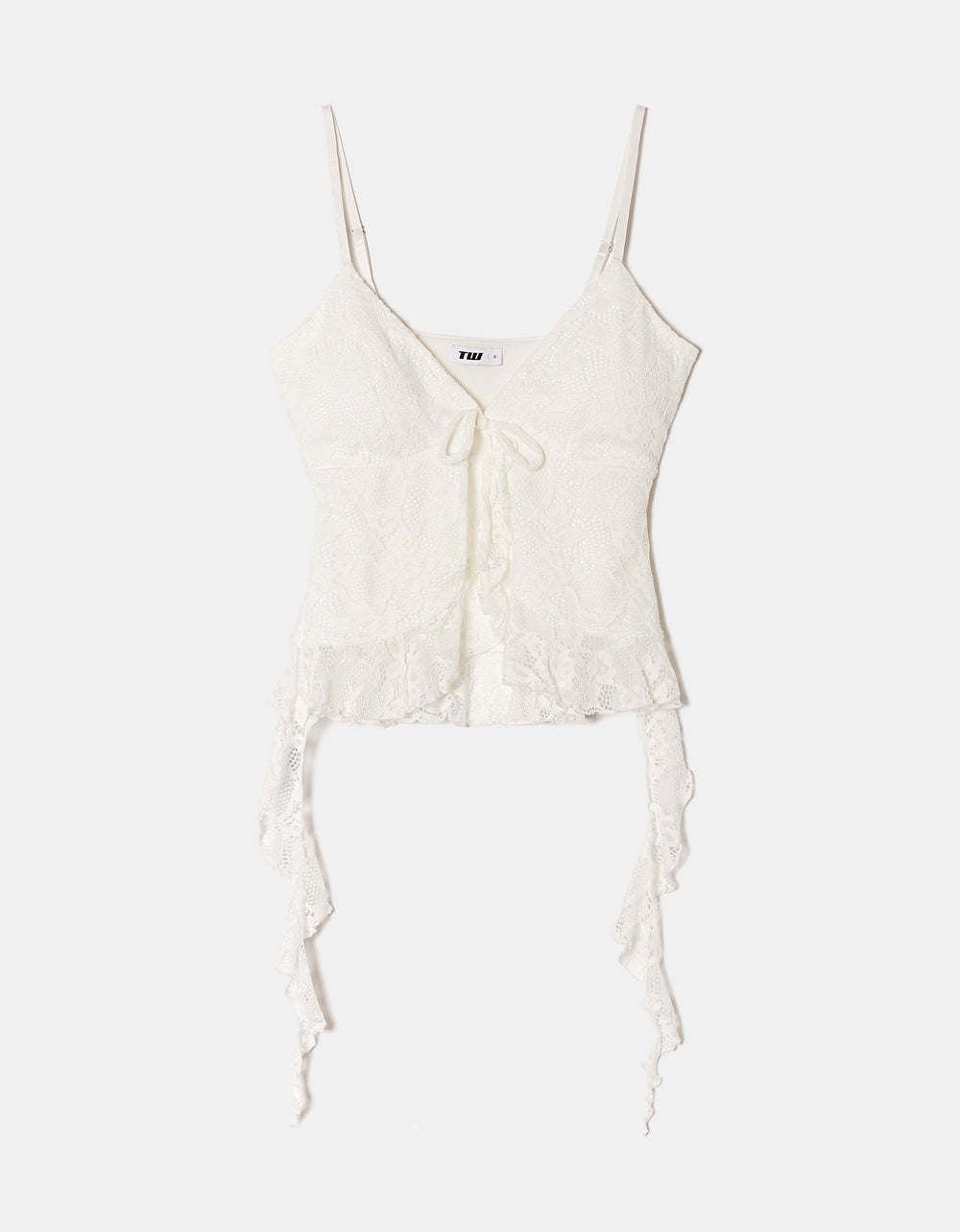 Ladies White Lace Top With Ruffles-Ghost Front View