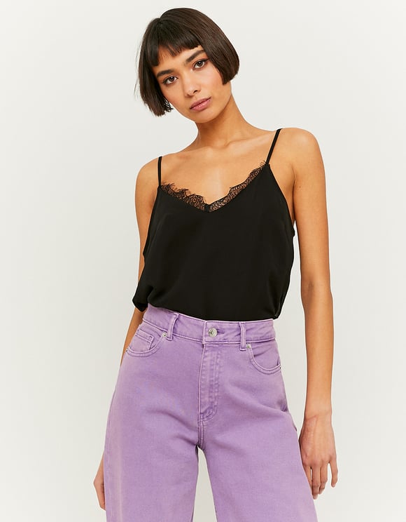 Ladies Black Lace Strap Top-Front View