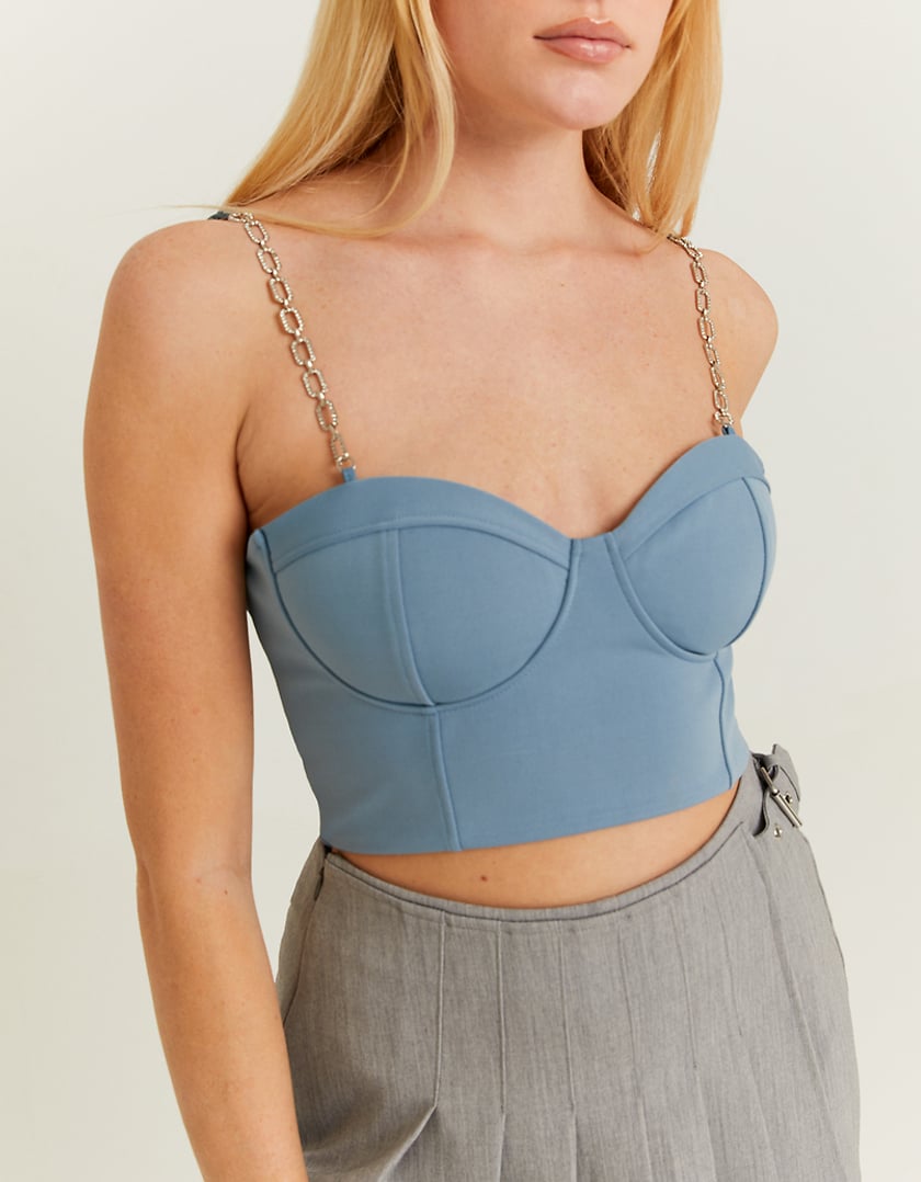 Ladies Blue Corset Top With Chain Strass Straps-Close Up Of Front