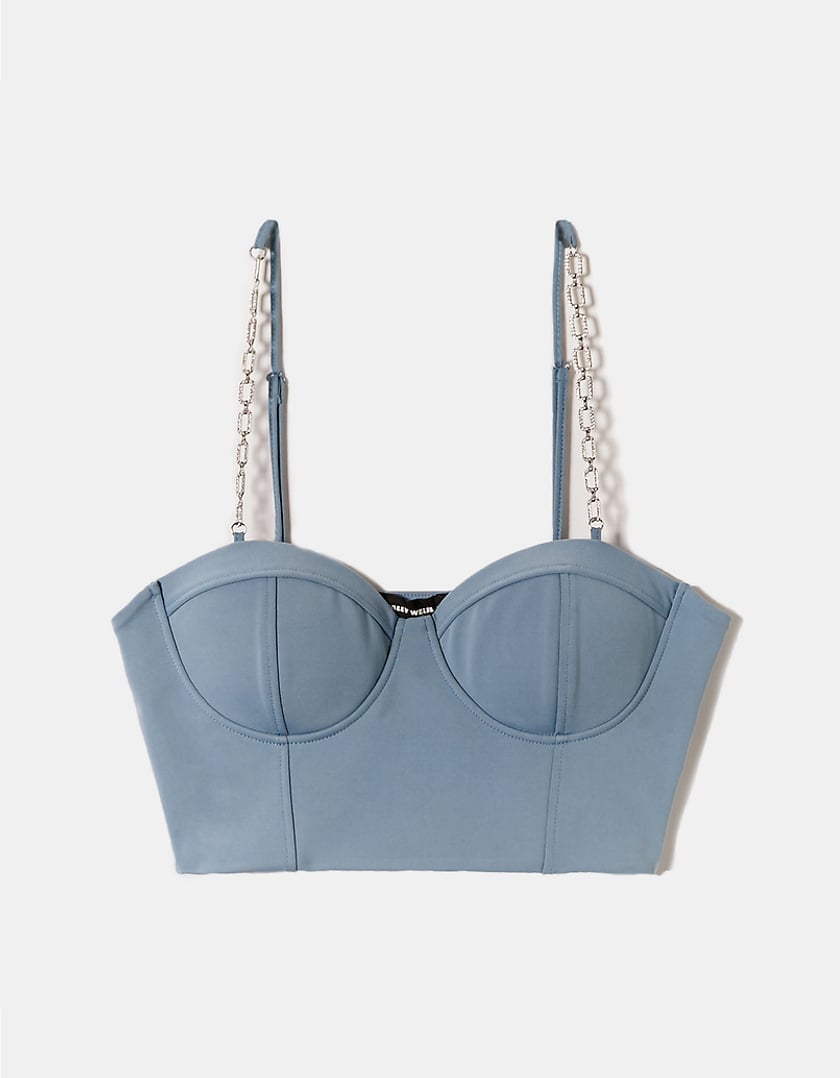 Ladies Blue Corset Top With Chain Strass Straps-Front View