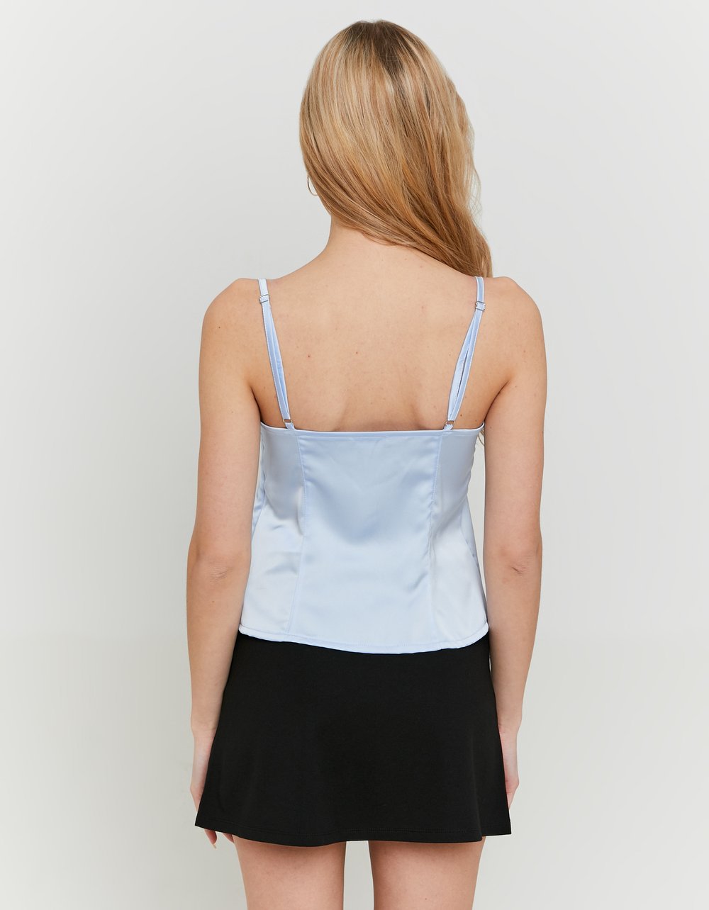 Ladies Blue Satin Top With Bow-Model Back View