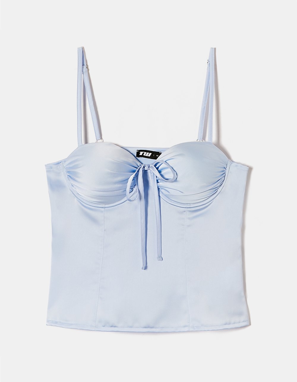 Ladies Blue Satin Top With Bow-Ghost Front View