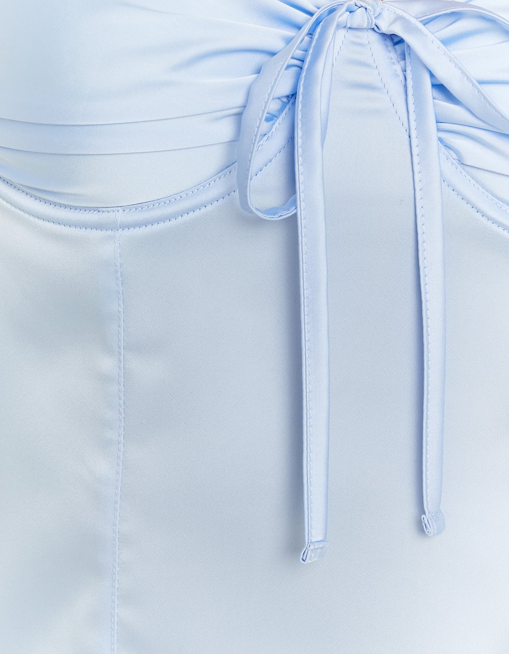 Ladies Blue Satin Top With Bow-Close Up View