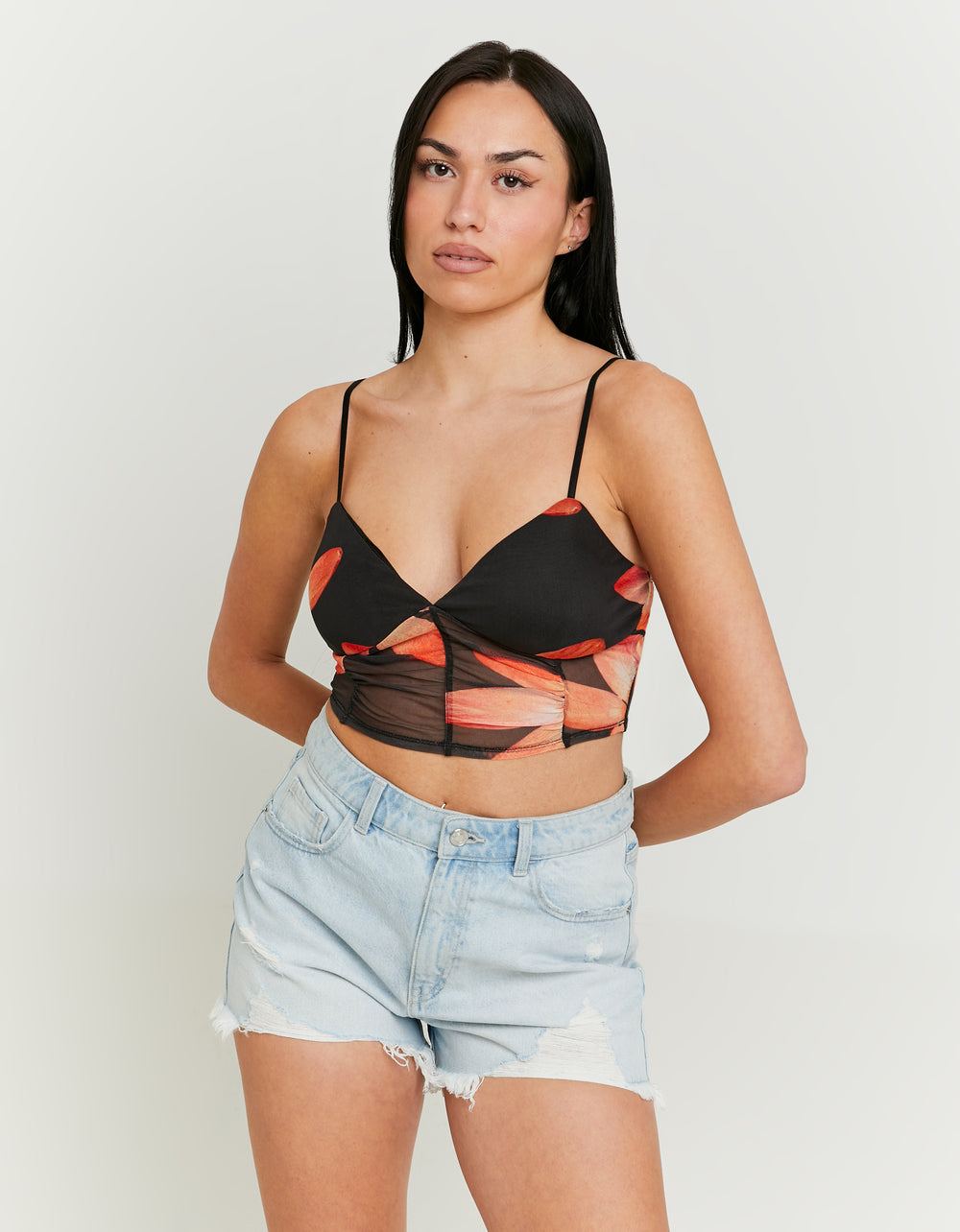 Ladies Mesh Crop Top With Floral Print-Model Front View